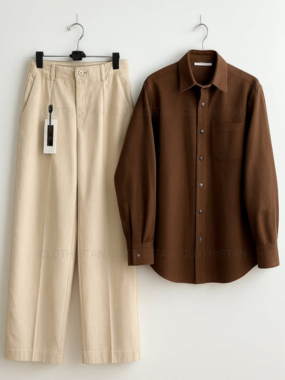 Brown Button-Down Shirt & Wide-Leg Jeans Pack of Two