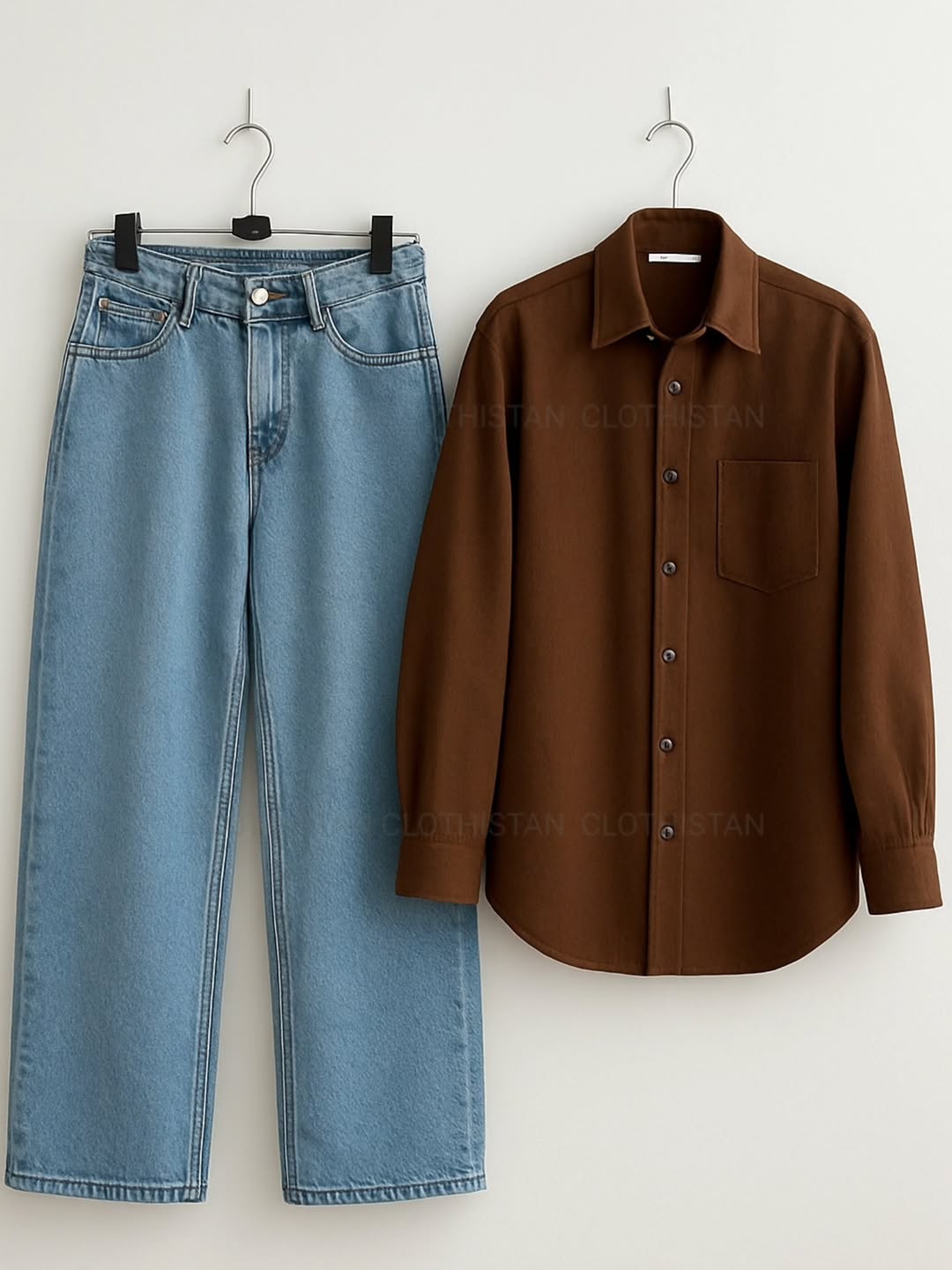 Brown Button-Down Shirt & Wide-Leg Jeans Pack of Two