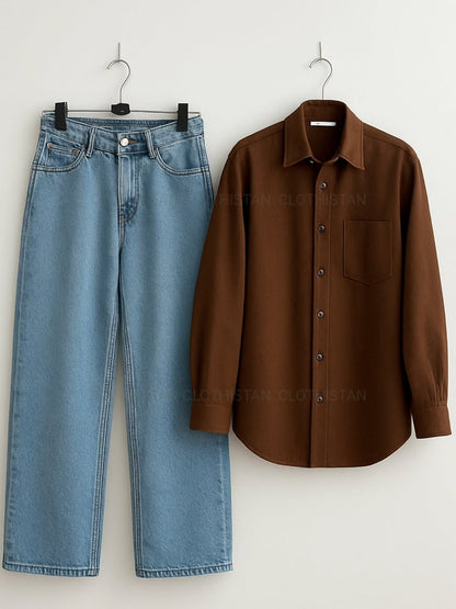 Brown Button-Down Shirt & Wide-Leg Jeans Pack of Two