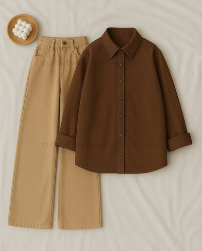 Button-Down Shirt & Beige Wide-Leg Jeans Pack of Two