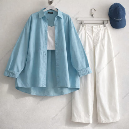 Button-Down Shirt, Rib-Knitted Tank Top & Wide-Leg Jeans Pack of Three