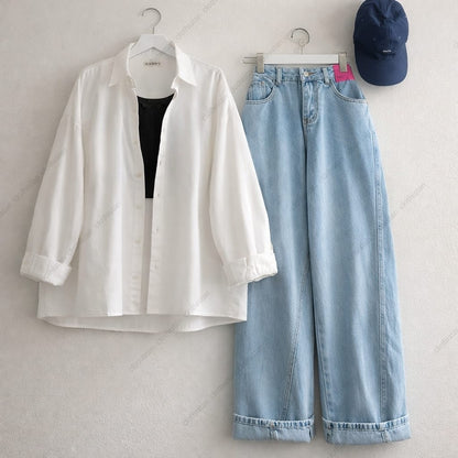 Button-Down Shirt, Rib-Knitted Tank Top & Wide-Leg Jeans Pack of Three