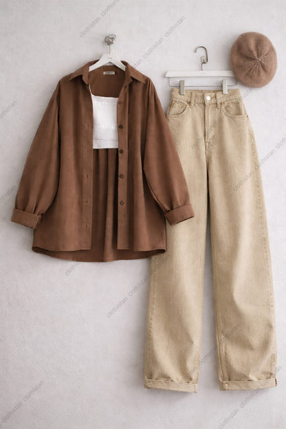 Button-Down Shirt, Rib-Knitted Tank Top & Wide-Leg Jeans Pack of Three