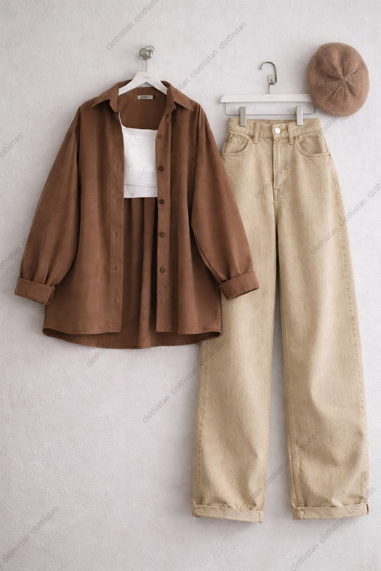 Button-Down Shirt, Rib-Knitted Tank Top & Wide-Leg Jeans Pack of Three