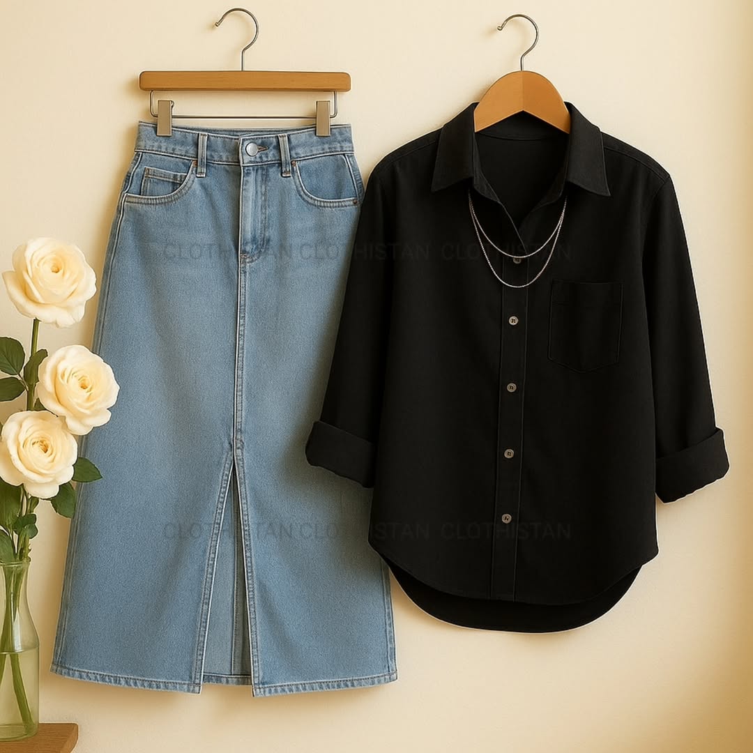 Button-Down Shirt & Sky blue Denim Skirt Pack of Two