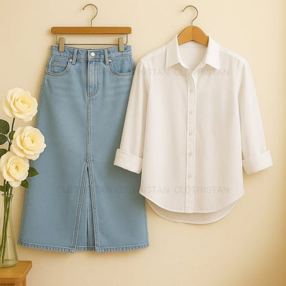 Button-Down Shirt & Sky blue Denim Skirt Pack of Two