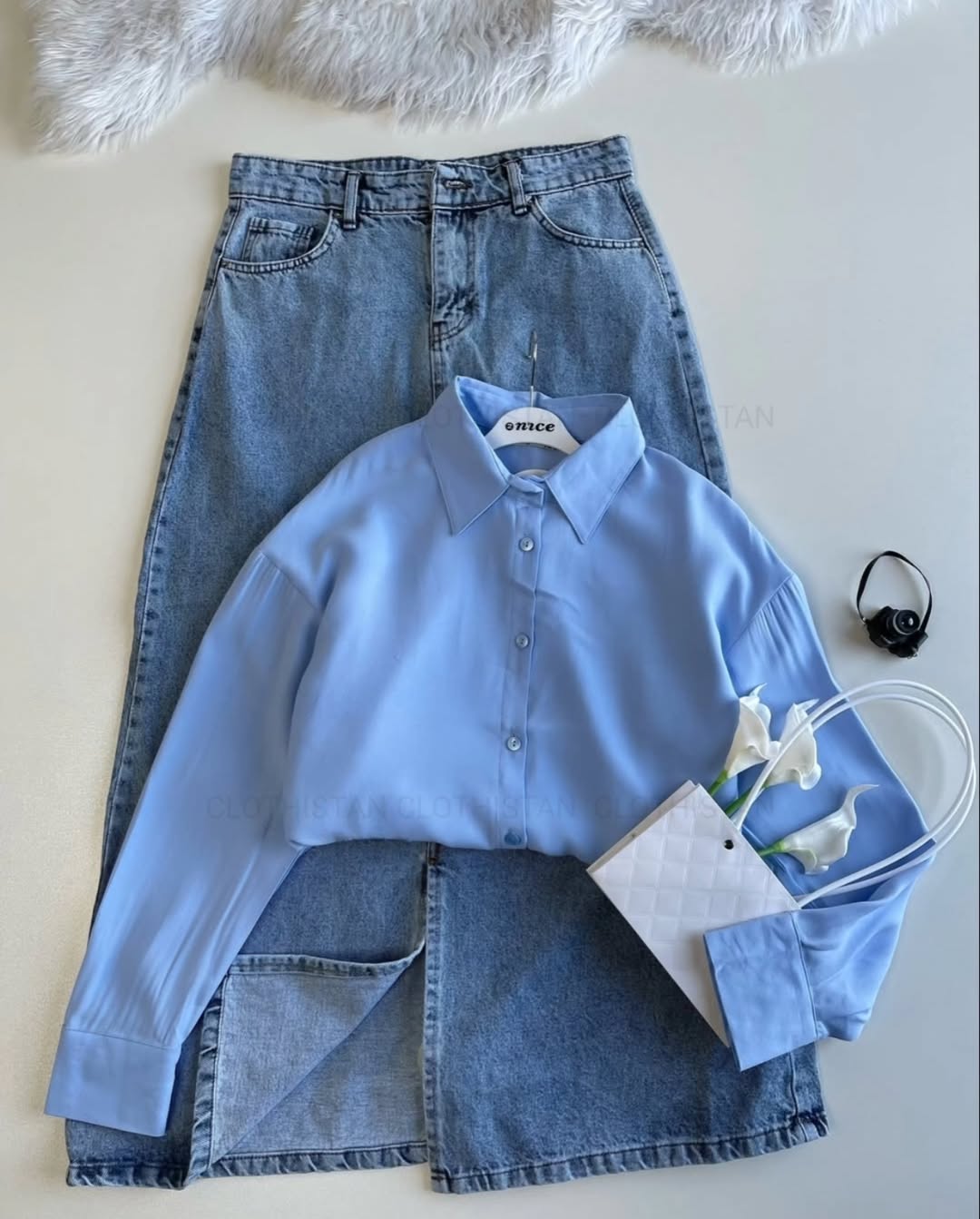 Button-Down Shirt & Light Mid Blue Denim Skirt Pack of Two