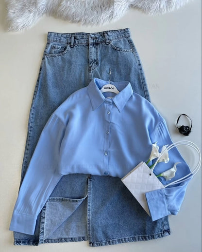 Button-Down Shirt & Light Mid Blue Denim Skirt Pack of Two