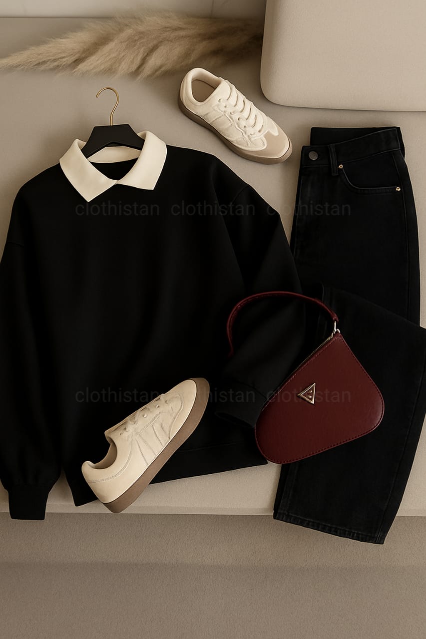 Black Collared Sweatshirt & Wide-Leg Jeans Pack of Two