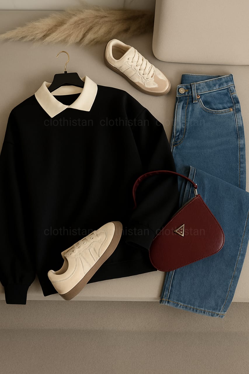 Black Collared Sweatshirt & Wide-Leg Jeans Pack of Two