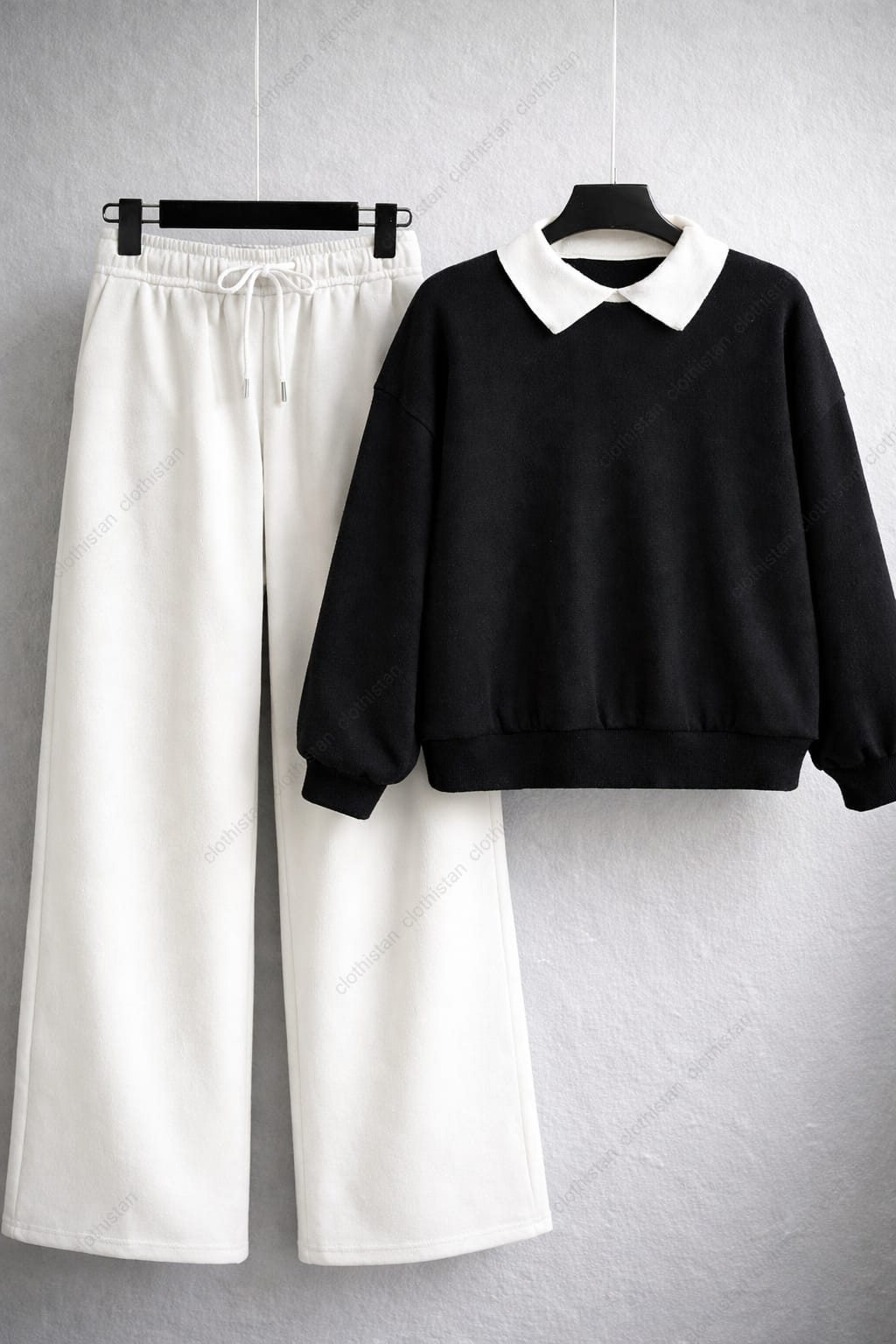 Black Collared Sweatshirt & Wide-Leg Sweatpants Pack of Two