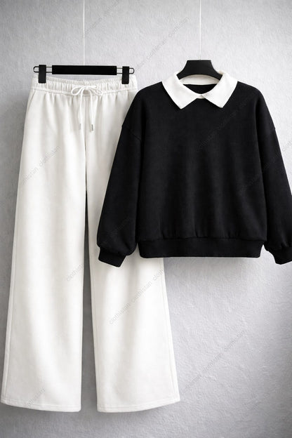 Black Collared Sweatshirt & Wide-Leg Sweatpants Pack of Two