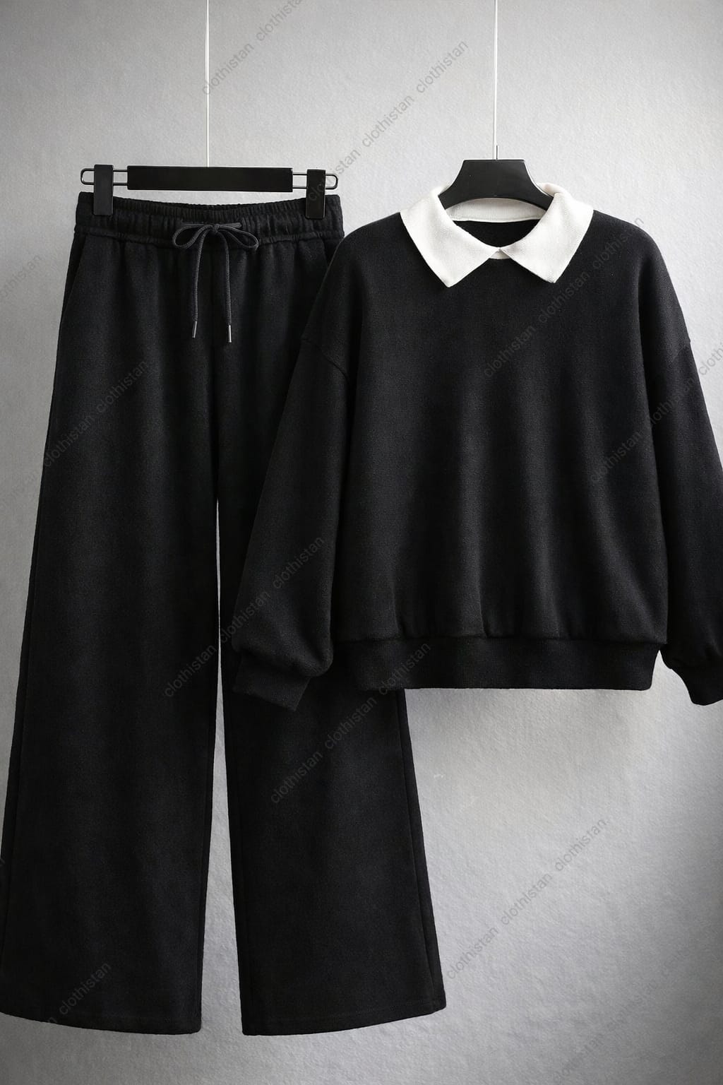 Black Collared Sweatshirt & Wide-Leg Sweatpants Pack of Two