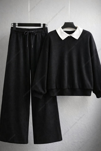 Black Collared Sweatshirt & Wide-Leg Sweatpants Pack of Two