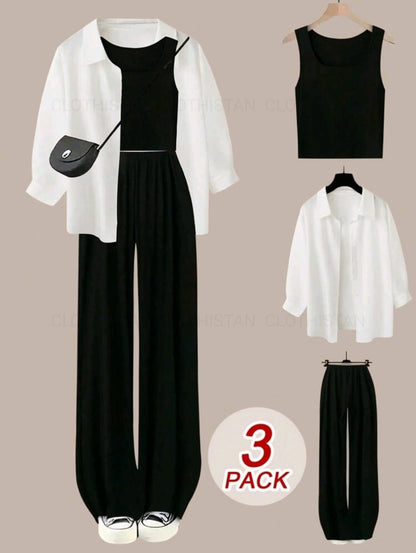 Button-Down Shirt, Black Rib-Knitted Tank Top & Black Wide-Leg Trouser Pack of Three