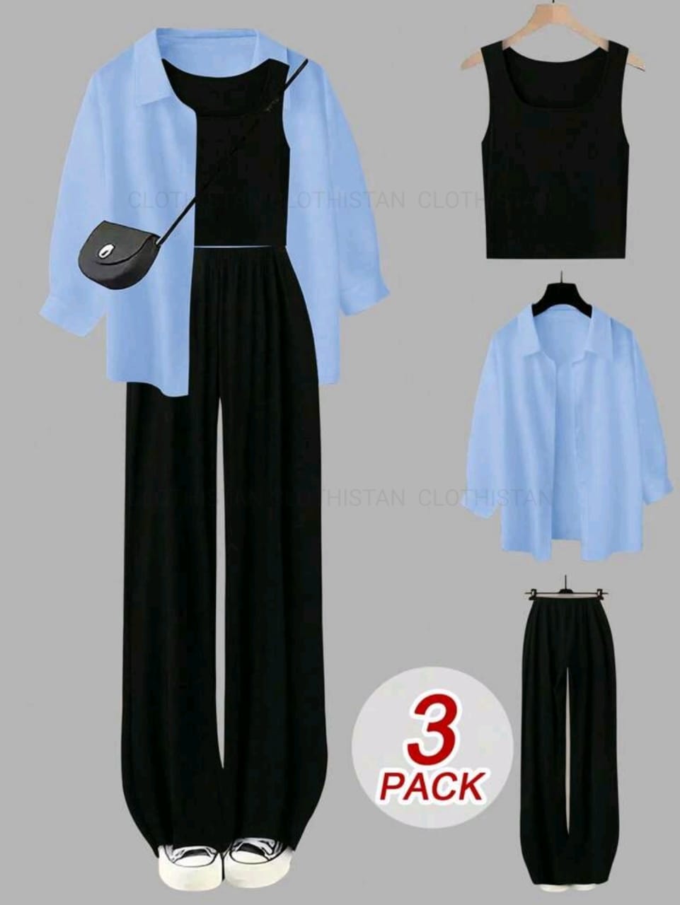 Button-Down Shirt, Black Rib-Knitted Tank Top & Black Wide-Leg Trouser Pack of Three