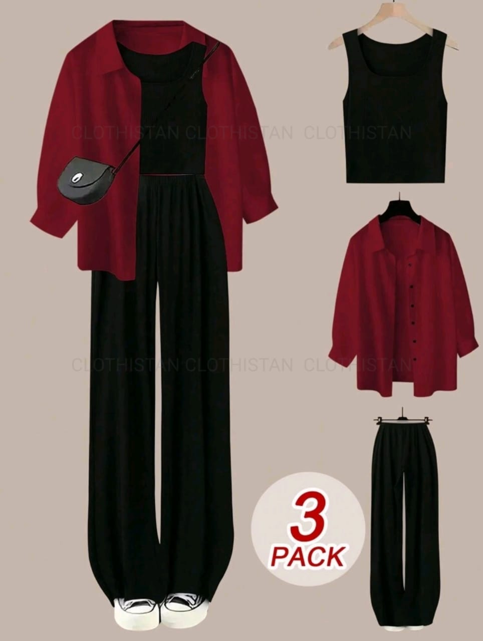Button-Down Shirt, Black Rib-Knitted Tank Top & Black Wide-Leg Trouser Pack of Three