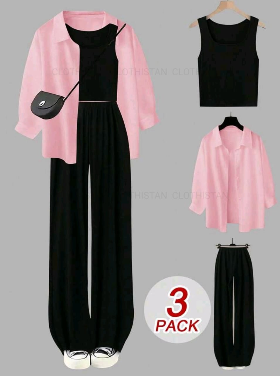Button-Down Shirt, Black Rib-Knitted Tank Top & Black Wide-Leg Trouser Pack of Three