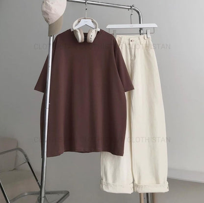 Drop Shoulder T-Shirt & Cream Wide-Leg Jeans