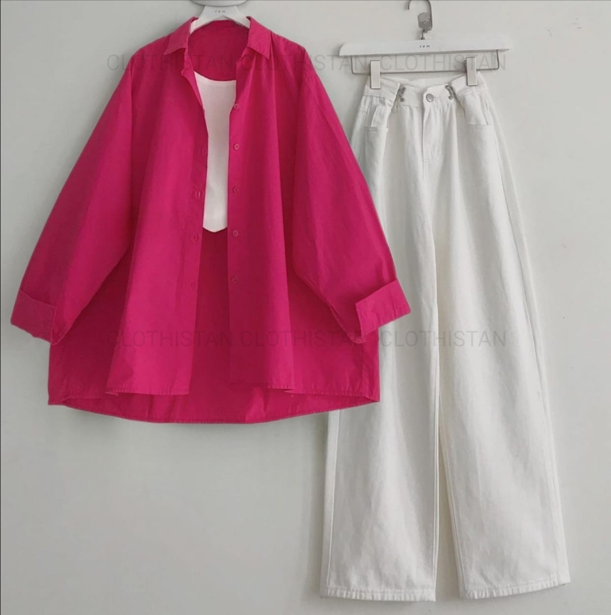 Button-Down Shirt, Rib-Knitted Tank Top & White Wide-Leg Jeans Pack of Three
