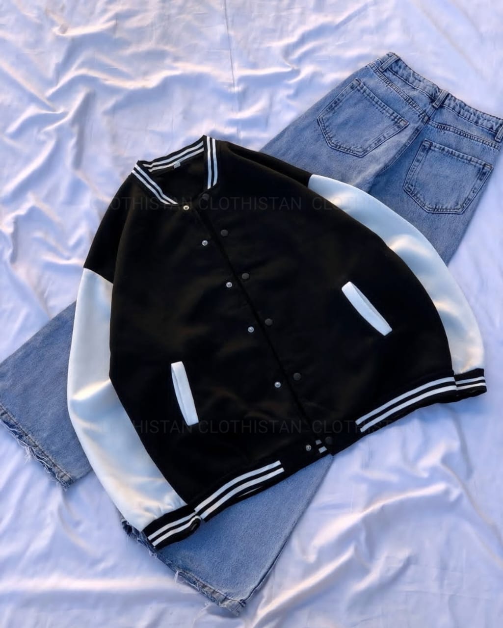 Baseball Cardigan & Iceblue Wide-Leg Jeans