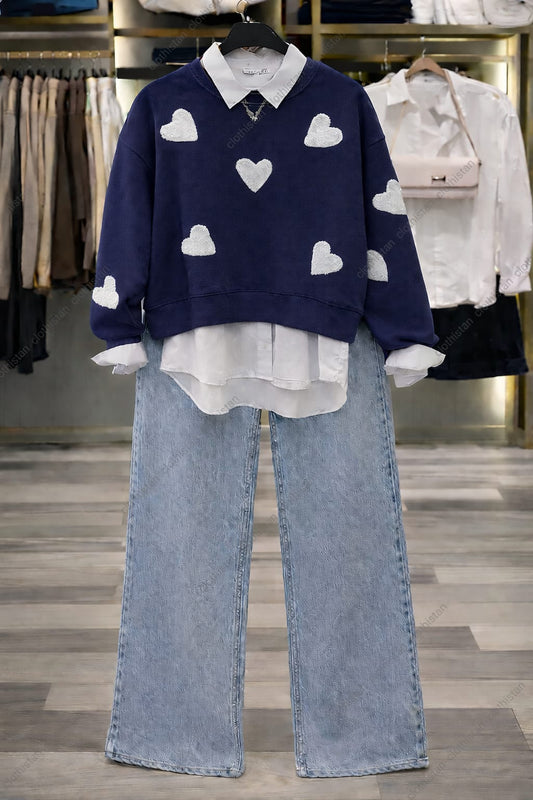 WHITE FILLED HEART ALL OVER Sweatshirt, Button-Down Shirt & Wide-Leg Jeans Pack of Three