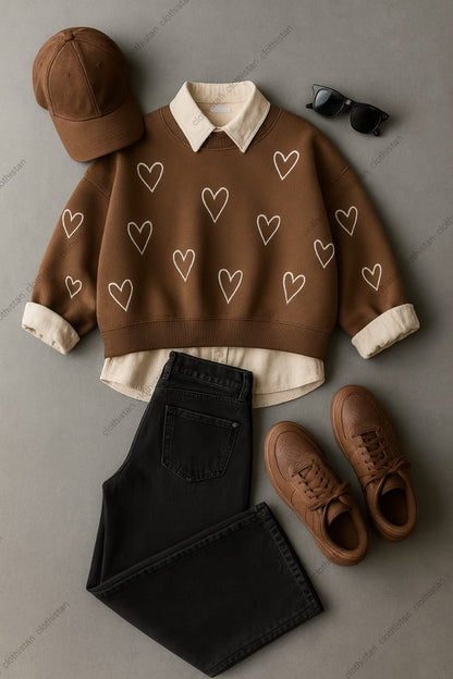 Shaded Heart All Over Sweatshirt, Button-Down Shirt & Wide-Leg Jeans Pack of Three