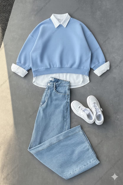 Sweatshirt, Button-Down Shirt & Wide-Leg Jeans Pack of Three