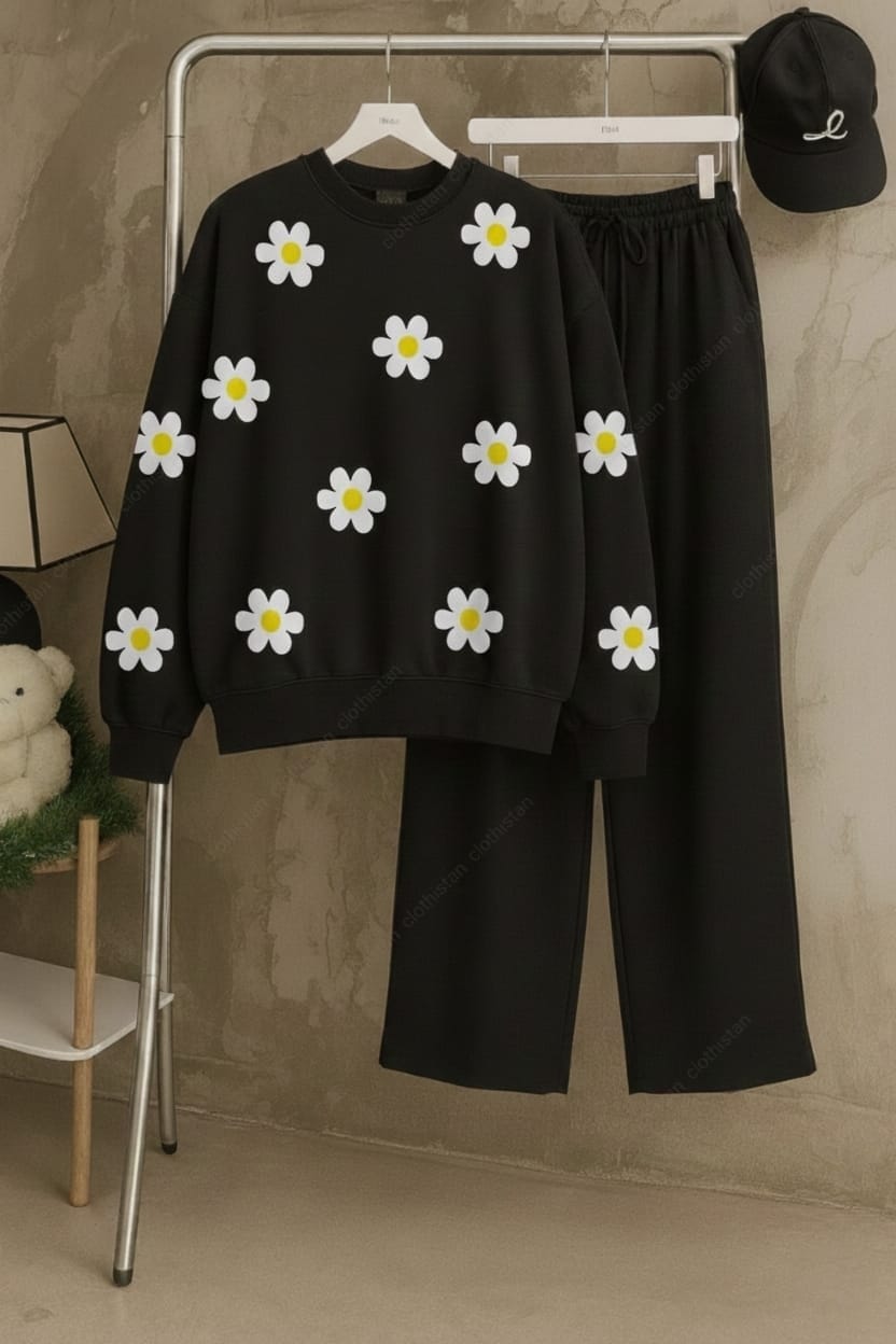 Sunflower Over Printed Sweatshirt & Black wide-Leg sweatpants Pack of Two
