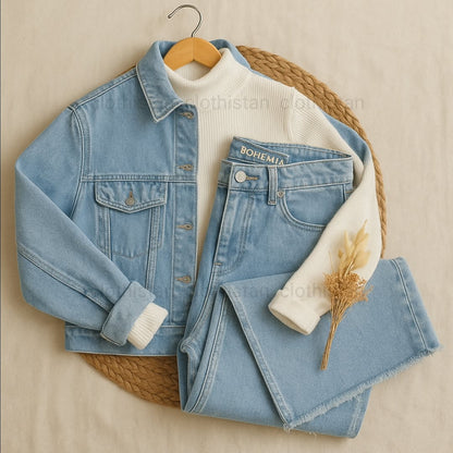 Denim Jacket, White High-Neck & Wide-Leg Jeans Pack of Three