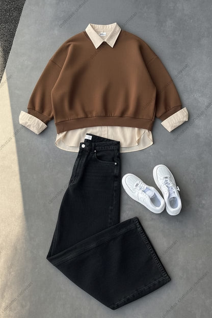 Sweatshirt, Button-Down Shirt & Wide-Leg Jeans Pack of Three