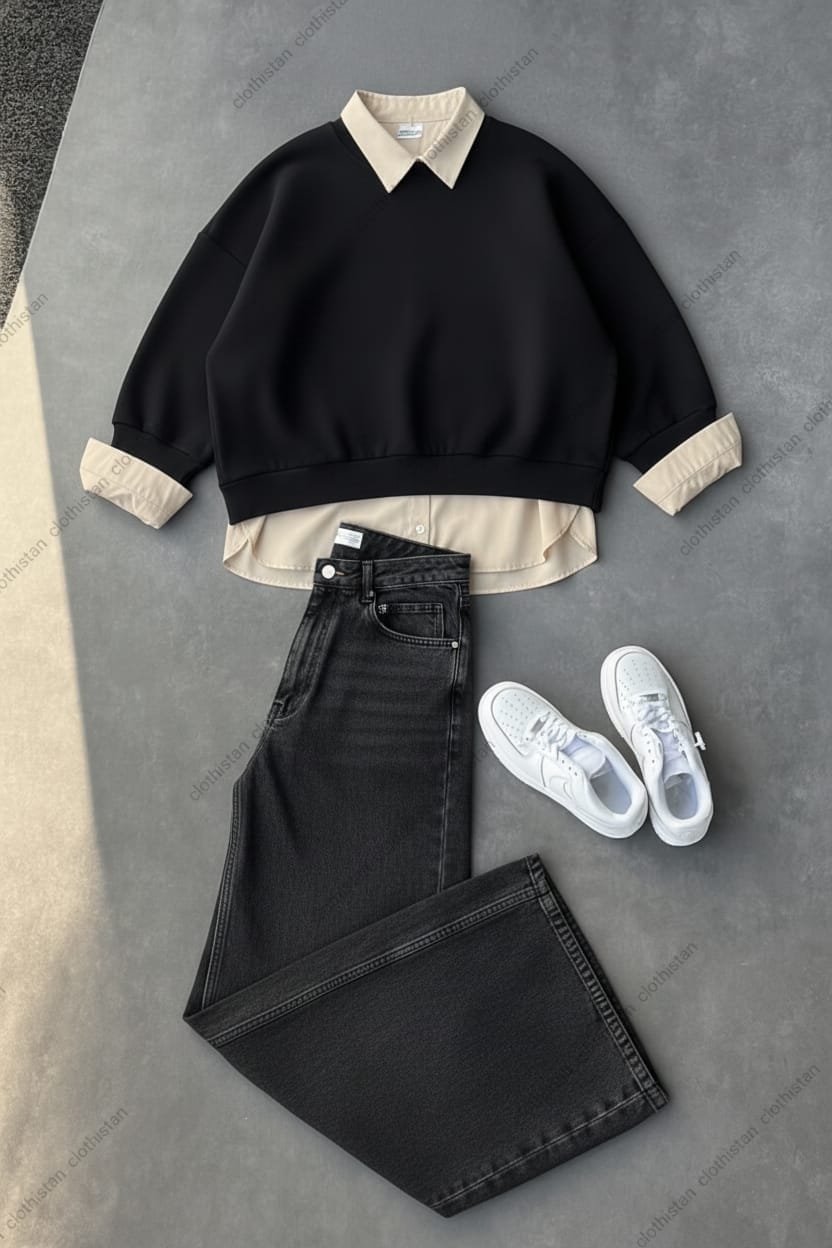 Sweatshirt, Button-Down Shirt & Wide-Leg Jeans Pack of Three