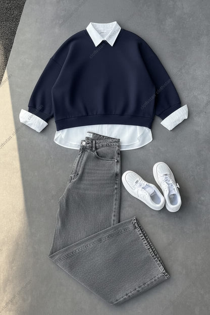 Sweatshirt, Button-Down Shirt & Wide-Leg Jeans Pack of Three