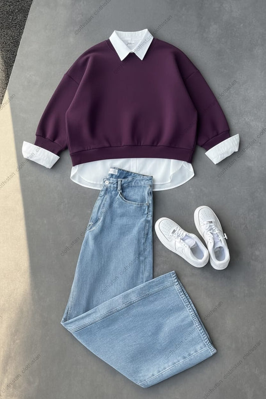 Sweatshirt, White Button-Down Shirt & Sky blue Wide-Leg Jeans Pack of Three