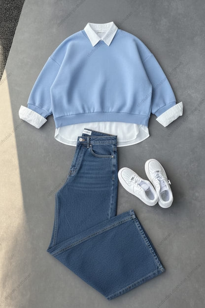 Sweatshirt, White Button-Down Shirt & Mid blue Wide-Leg Jeans Pack of Three
