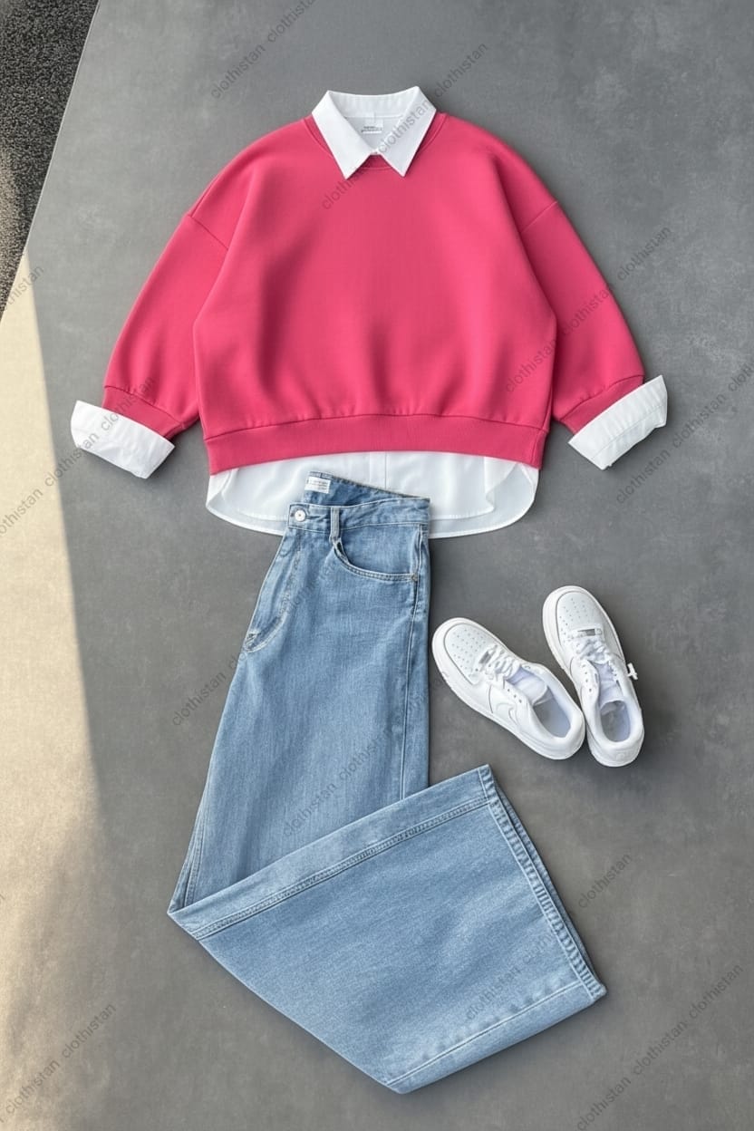 Sweatshirt, Button-Down Shirt & Wide-Leg Jeans Pack of Three