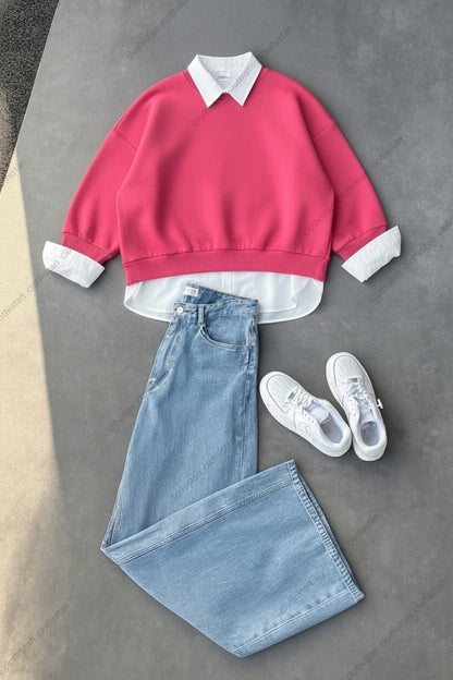 Sweatshirt, Button-Down Shirt & Wide-Leg Jeans Pack of Three