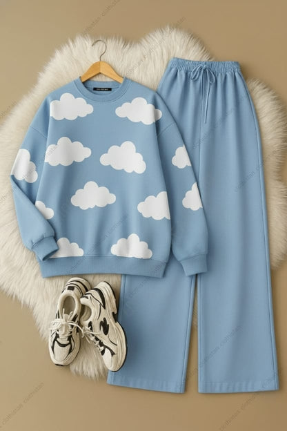 Sky blue Clouds All Over Printed Sweatshirt & sky blue wide-Leg sweatpants Pack of Two