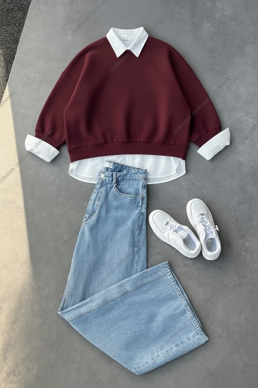 Sweatshirt, Button-Down Shirt & Wide-Leg Jeans Pack of Three