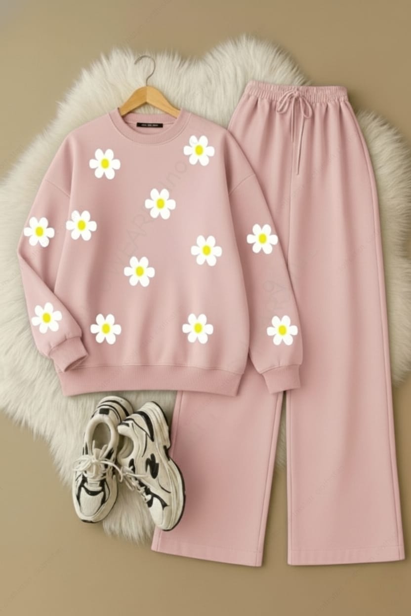 Pink Sunflower Over Printed Sweatshirt & Baby pink wide-Leg sweatpants Pack of Two