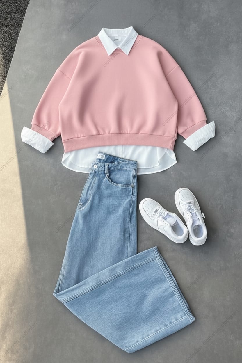 Sweatshirt, Button-Down Shirt & Wide-Leg Jeans Pack of Three