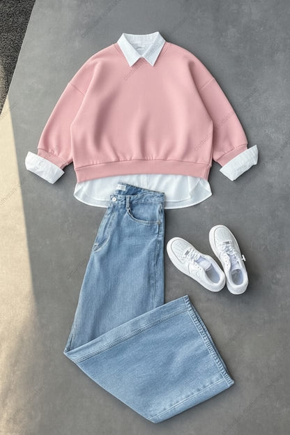 Sweatshirt, Button-Down Shirt & Wide-Leg Jeans Pack of Three