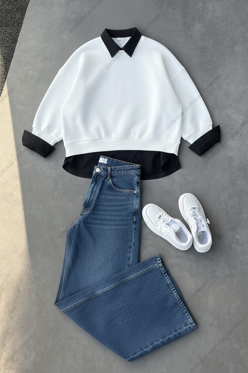 Sweatshirt, Black Button-Down Shirt & Mid blue Wide-Leg Jeans Pack of Three
