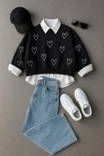 Shaded Heart All Over Sweatshirt, White Button-Down Shirt & Skyblue Wide-Leg Jeans Pack of Three