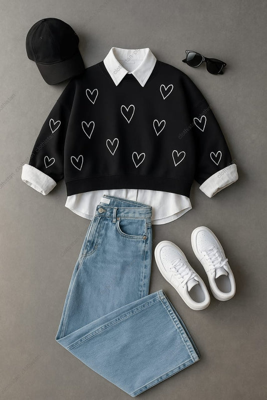 Shaded Heart All Over Sweatshirt, White Button-Down Shirt & Skyblue Wide-Leg Jeans Pack of Three