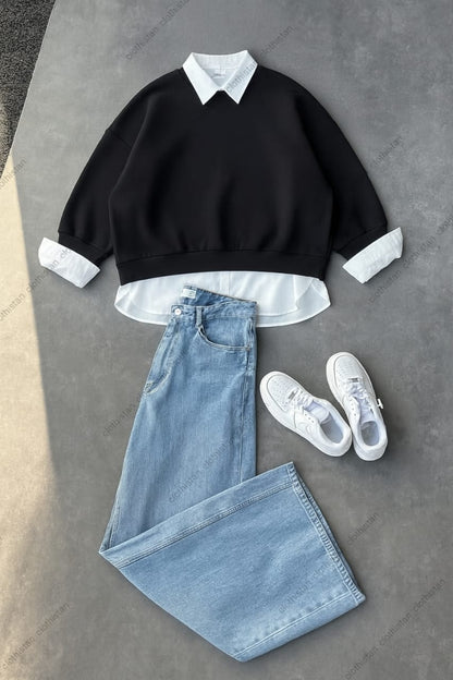 Sweatshirt, Button-Down Shirt & Wide-Leg Jeans Pack of Three