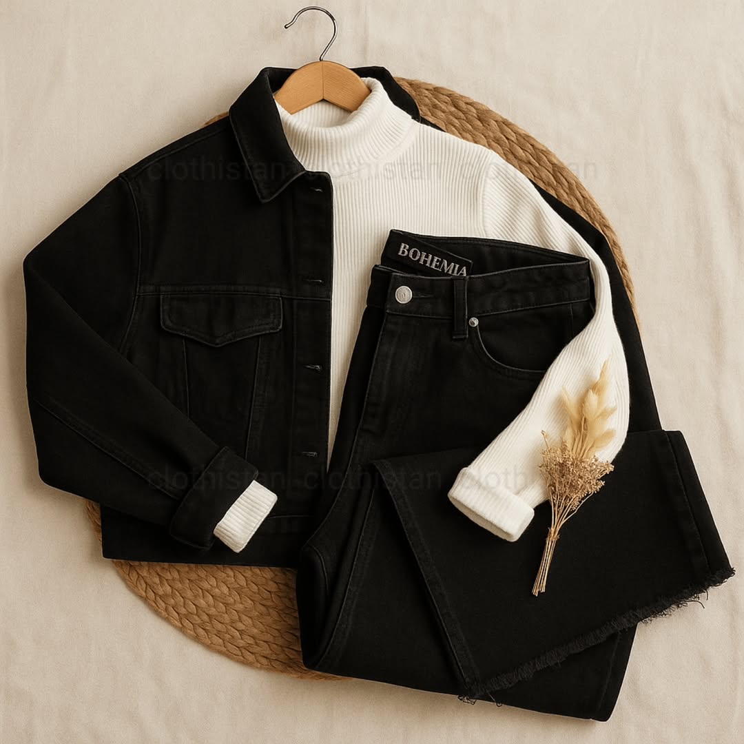Denim Jacket, White High-Neck & Wide-Leg Jeans Pack of Three
