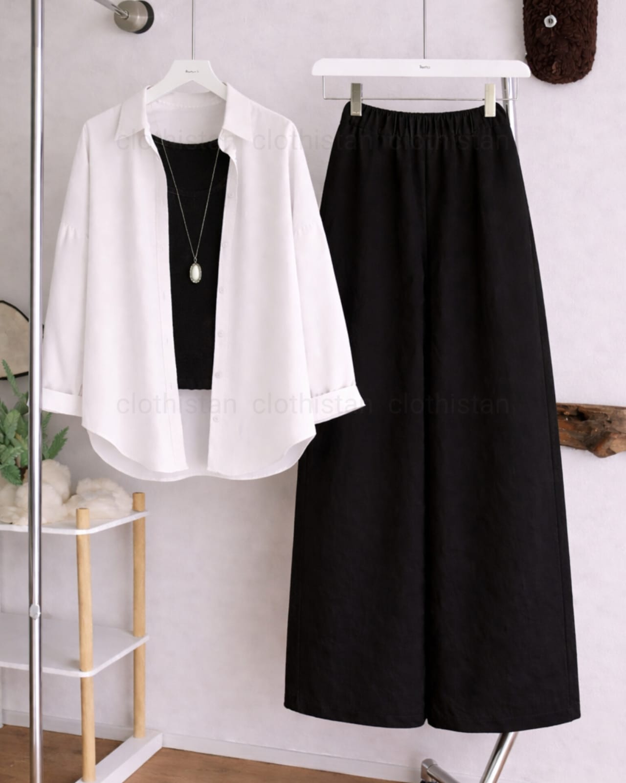 Button Down Shirt, White Tank Top and Black Wide Leg Trouser Pack Of Threes