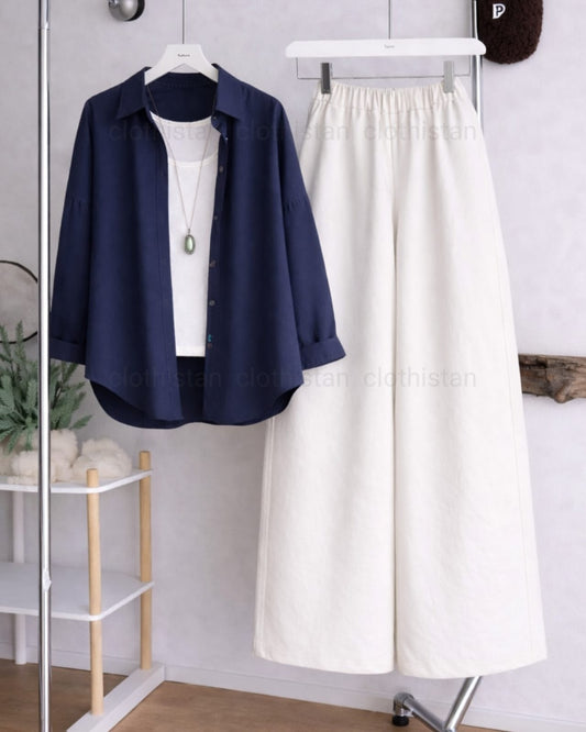 Button Down Shirt, White Tank Top and White Wide Leg Trouser Pack Of Threes