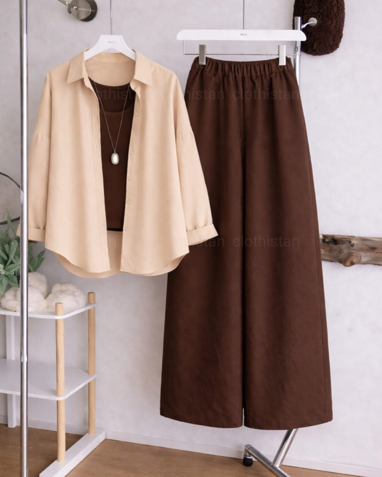 Button Down Shirt, Brown Tank Top and Brown Wide Leg Trouser Pack Of Threes